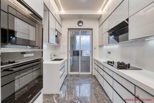 Dark Gray Flooring With White Combination Modular Kitchne