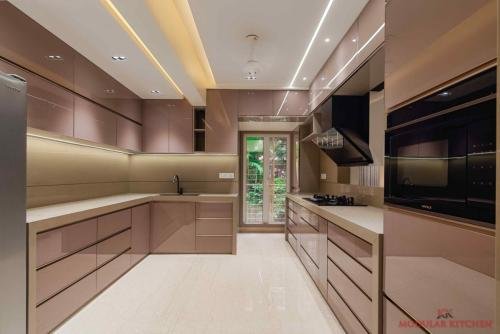 Full Back Painted Glass With Slim Less Rose Gold Profile With Rose Gold Handle - With Full Beige Color